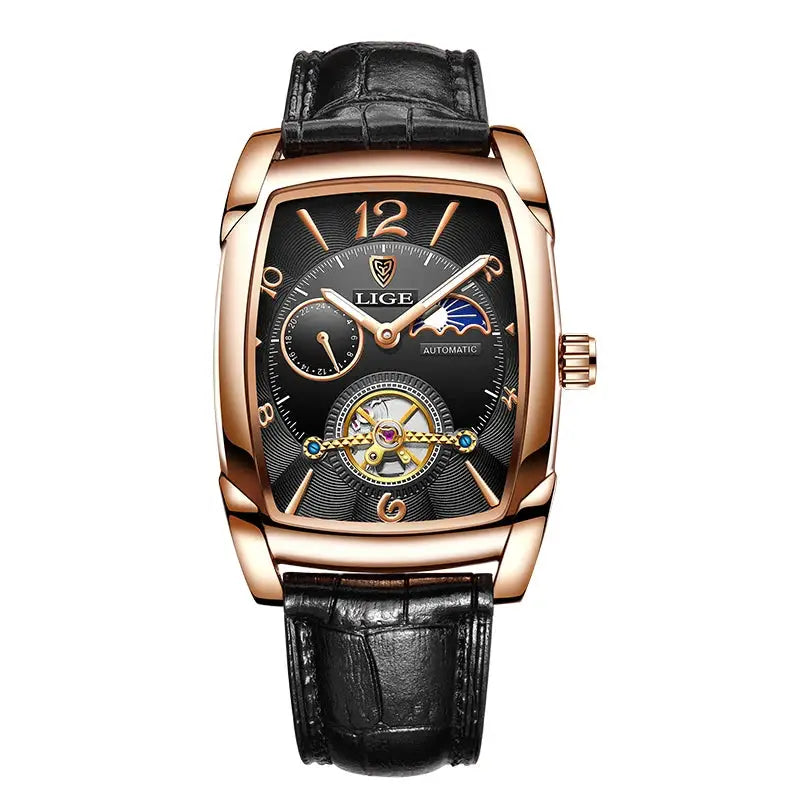 Men's Mechanical Leather Watch – Luxury Square Design with Tourbillon & Business Sport Style