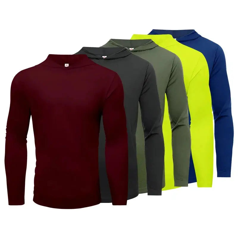 Mens 5-piece sportswear set with long sleeve breathable T-shirts in burgundy, dark gray, olive green, neon yellow, and navy blue for running and fitness.