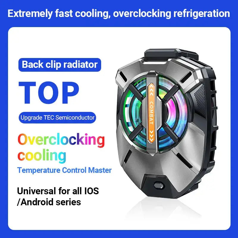 Cell phone cooler with semiconductor heatsink, clip-on radiator for iOS/Android phones (2.63–3.46 in width)