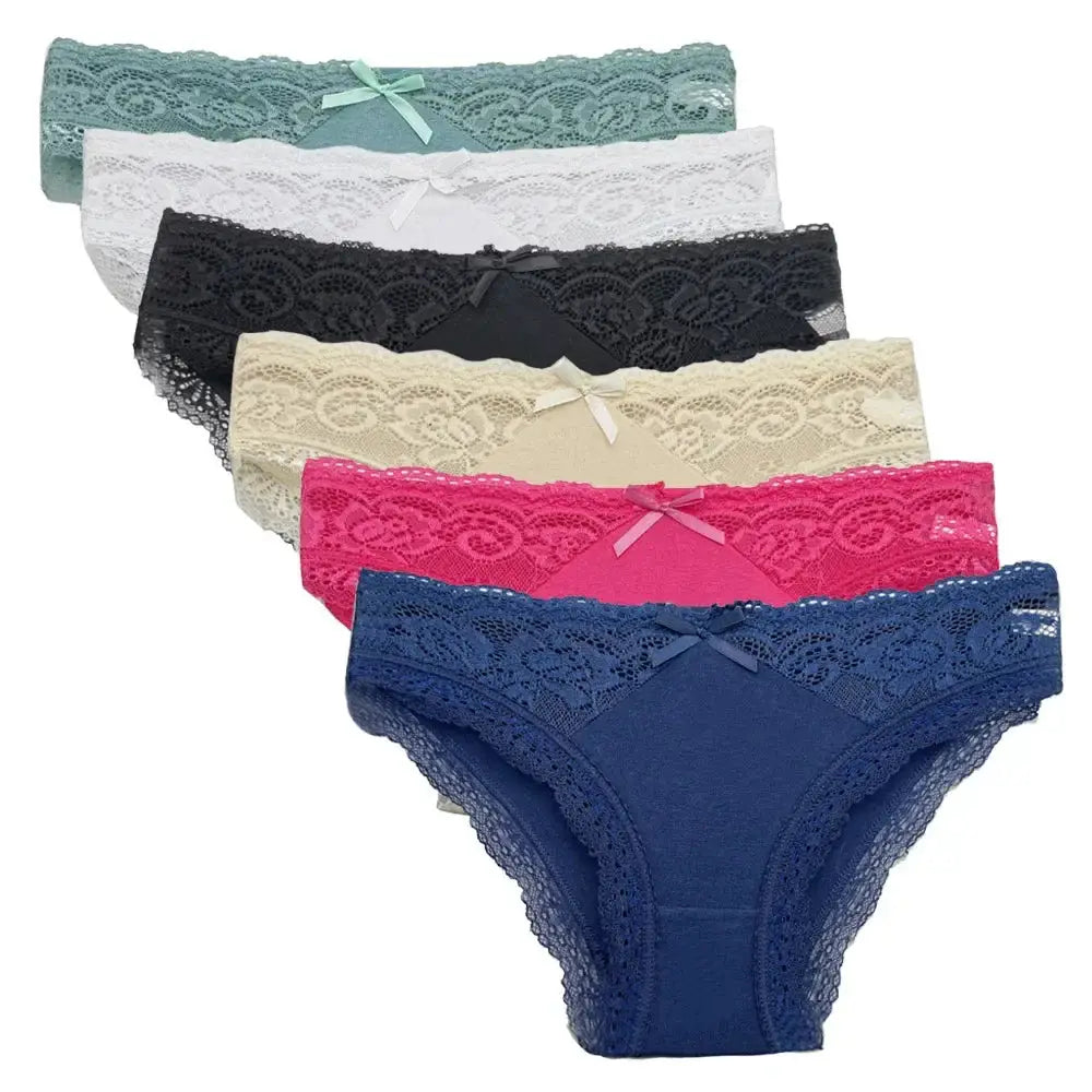 5-pack women's lace low-rise cotton panties in assorted colors including navy, pink, beige, black, white, and green. Soft briefs with bow detail for daily comfort.