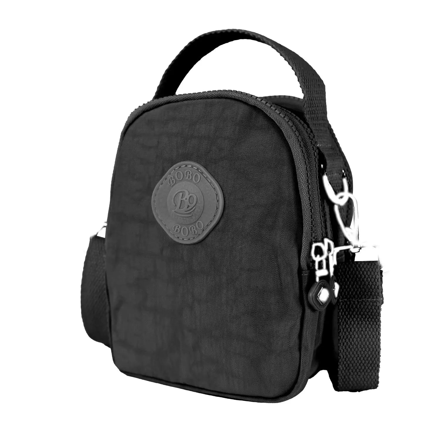 Black waterproof crossbody bag with compact design and durable strap, suitable for both men and women in casual settings.