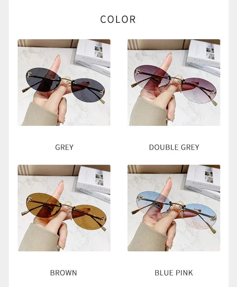 Rimless Oval Sunglasses with Diamond Accent F Letter Design