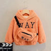 Orange kids' hoodie with 'WAY' lettering and matching bag.