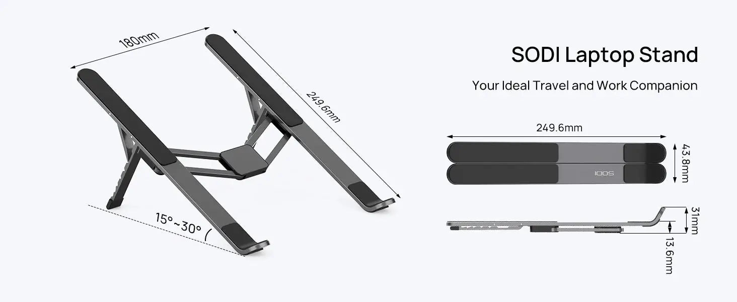 Technical dimensions of foldable aluminum laptop stand with 15°–30° angle range, compact 249.6mm length, ideal for travel and work.