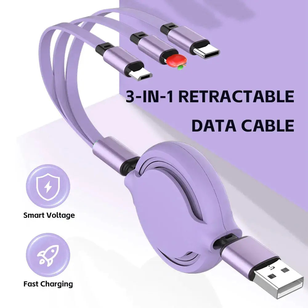 3-in-1 retractable USB charging and data cable, fast charge, compatible with iPhone, Samsung, Huawei, Xiaomi (2-pack)