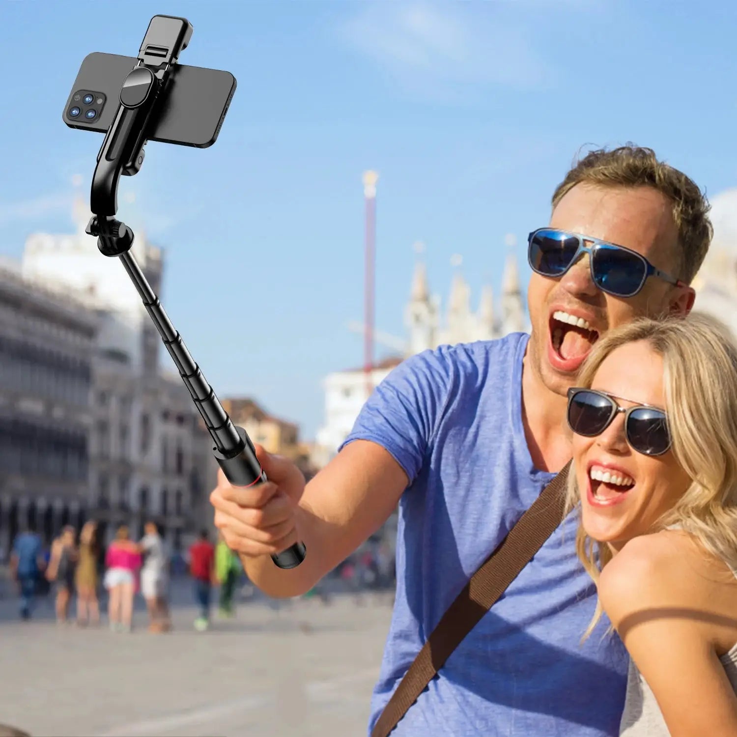 Couple using the Selfie Stick Tripod with Fill Light & Bluetooth Remote outdoors, capturing a wide-angle selfie with extended stabilizer.