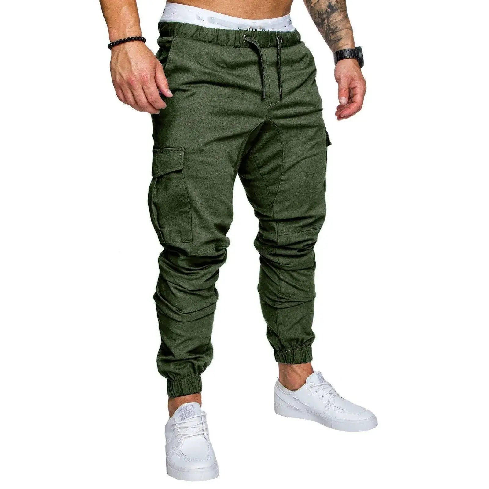 Green men’s ankle-tied skinny cargo pants with drawstring and utility pockets, perfect for fitness and workwear.