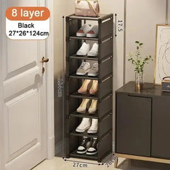 8-layer black shoe organizer with measurements