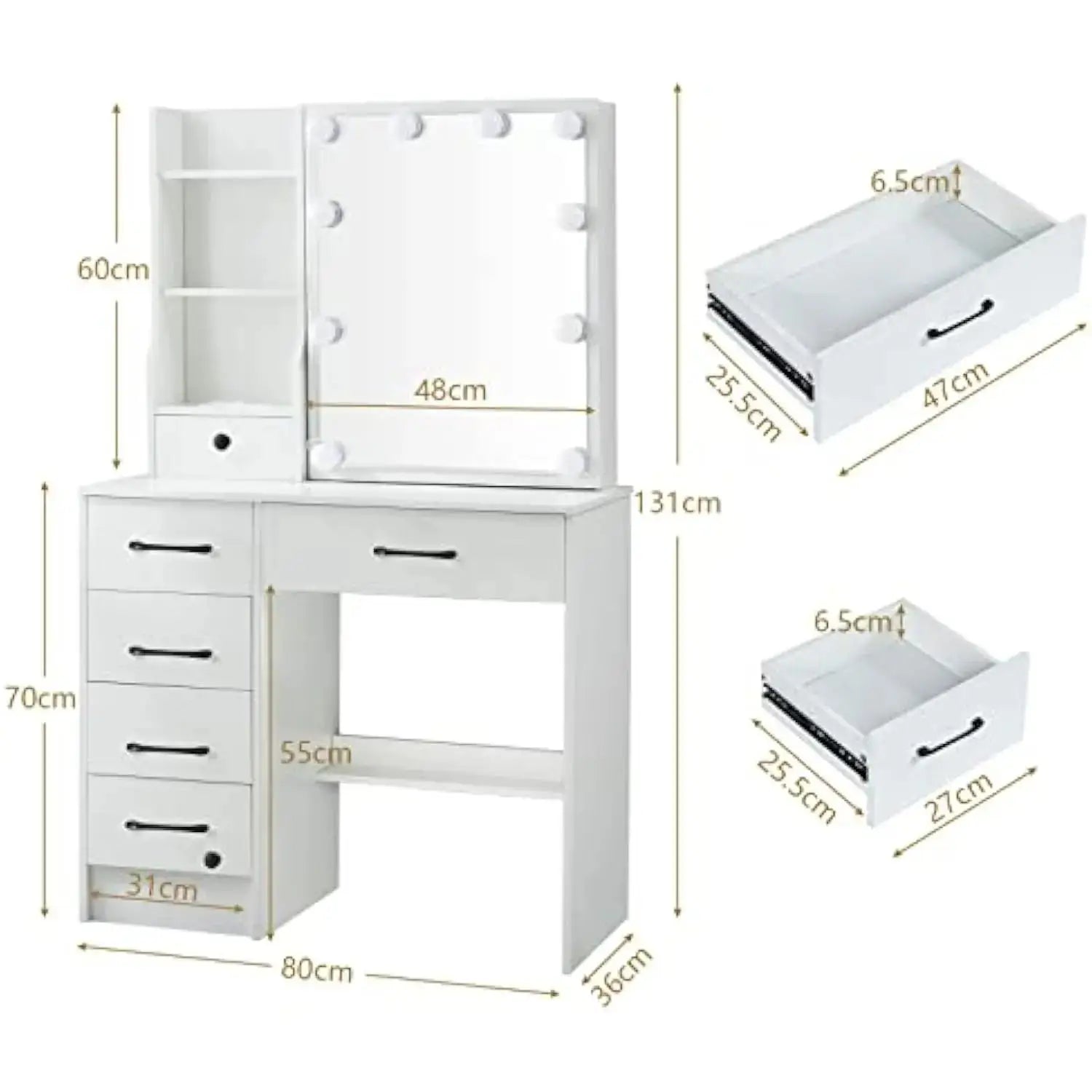 Dimension diagram of white vanity desk with lighted mirror, showing measurements of drawers, shelves, and overall structure for bedroom setup.