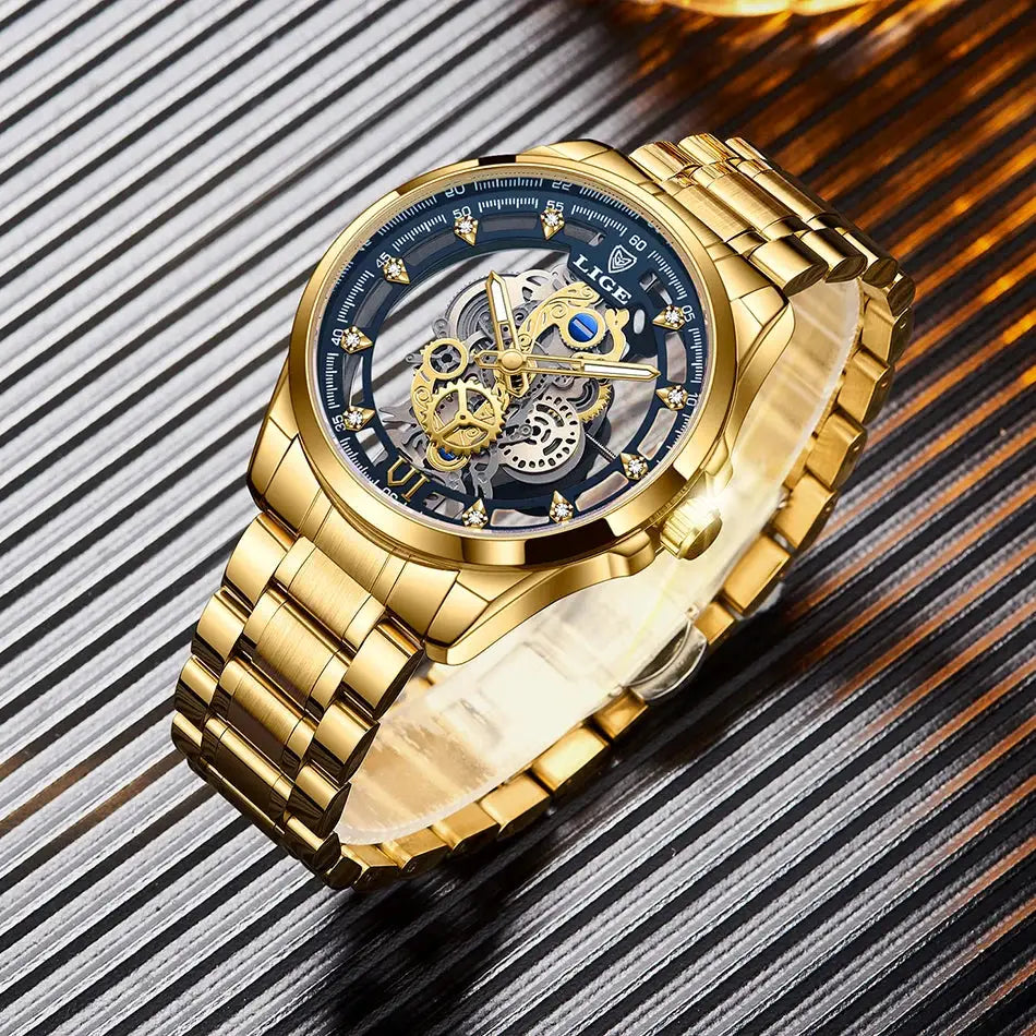 Men’s Skeleton  Watch Luxury Design Quartz Movement Waterproof Gift Box Included