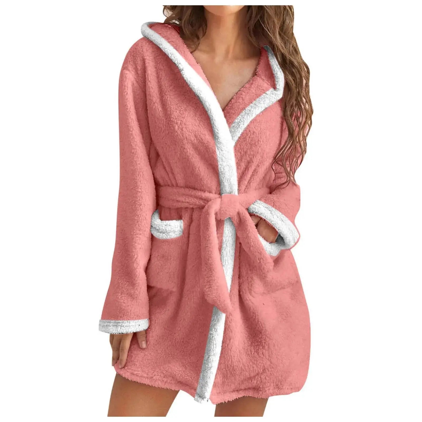 Women's fleece winter robe with hood, soft belted mini bathrobe with side pockets, ideal for lounging or bedtime