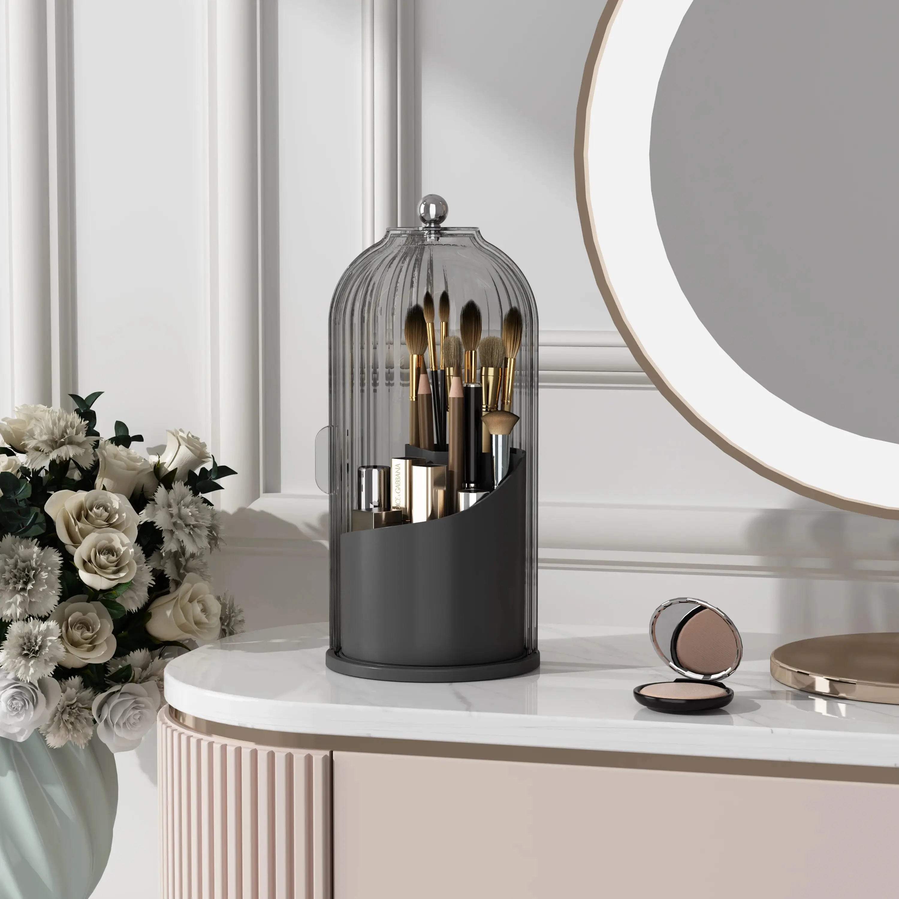 360° Rotating Makeup Brush Organizer with Lid Clear Dustproof Holder