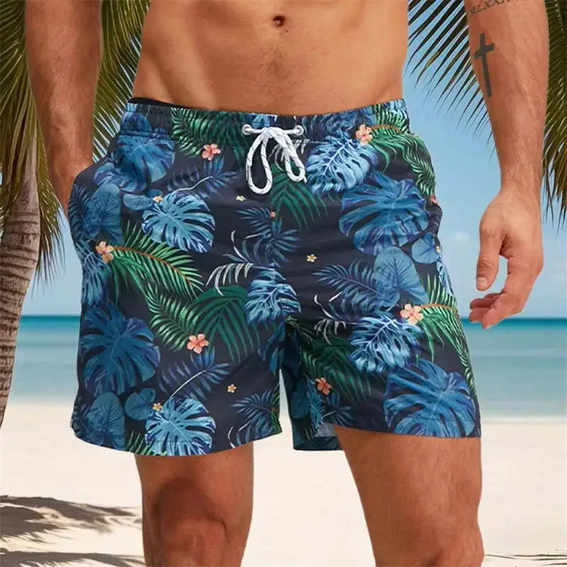 Men’s Quick-Dry Swim Trunks Tropical Palm Print Beach Shorts with Elastic Waist & Drawstring