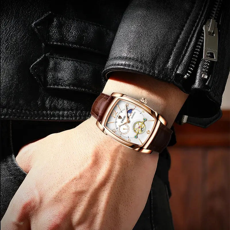 Men's Mechanical Leather Watch – Luxury Square Design with Tourbillon & Business Sport Style