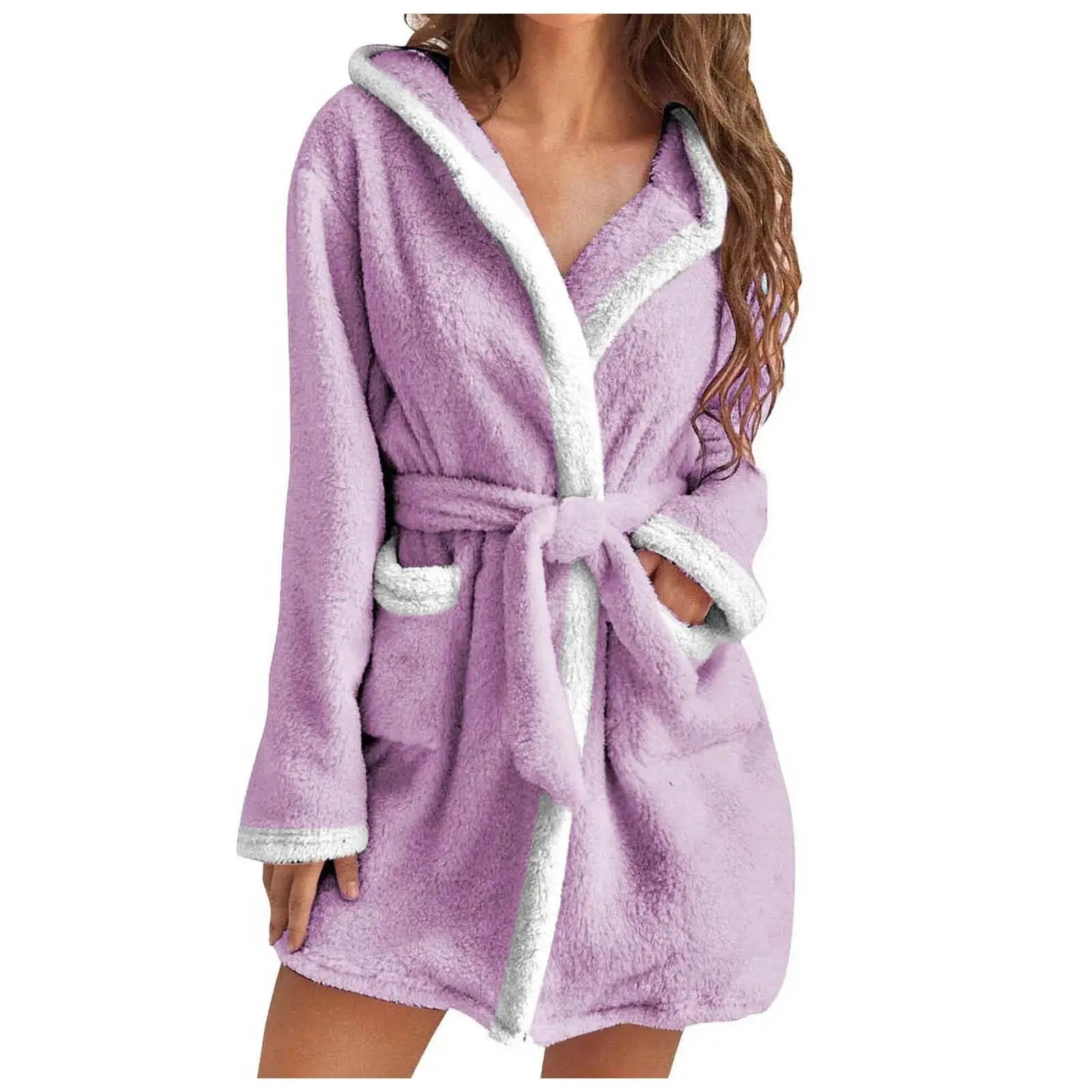 Women's fleece winter robe with hood, soft belted mini bathrobe with side pockets, ideal for lounging or bedtime