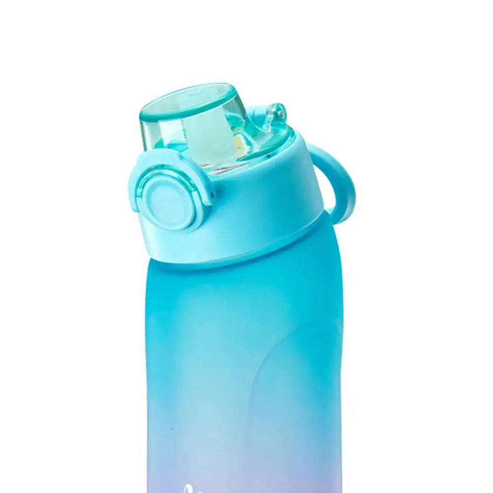 Detail view of blue gradient air water cup lid with scent pod insert, showcasing leak-proof design for fitness and outdoor use.