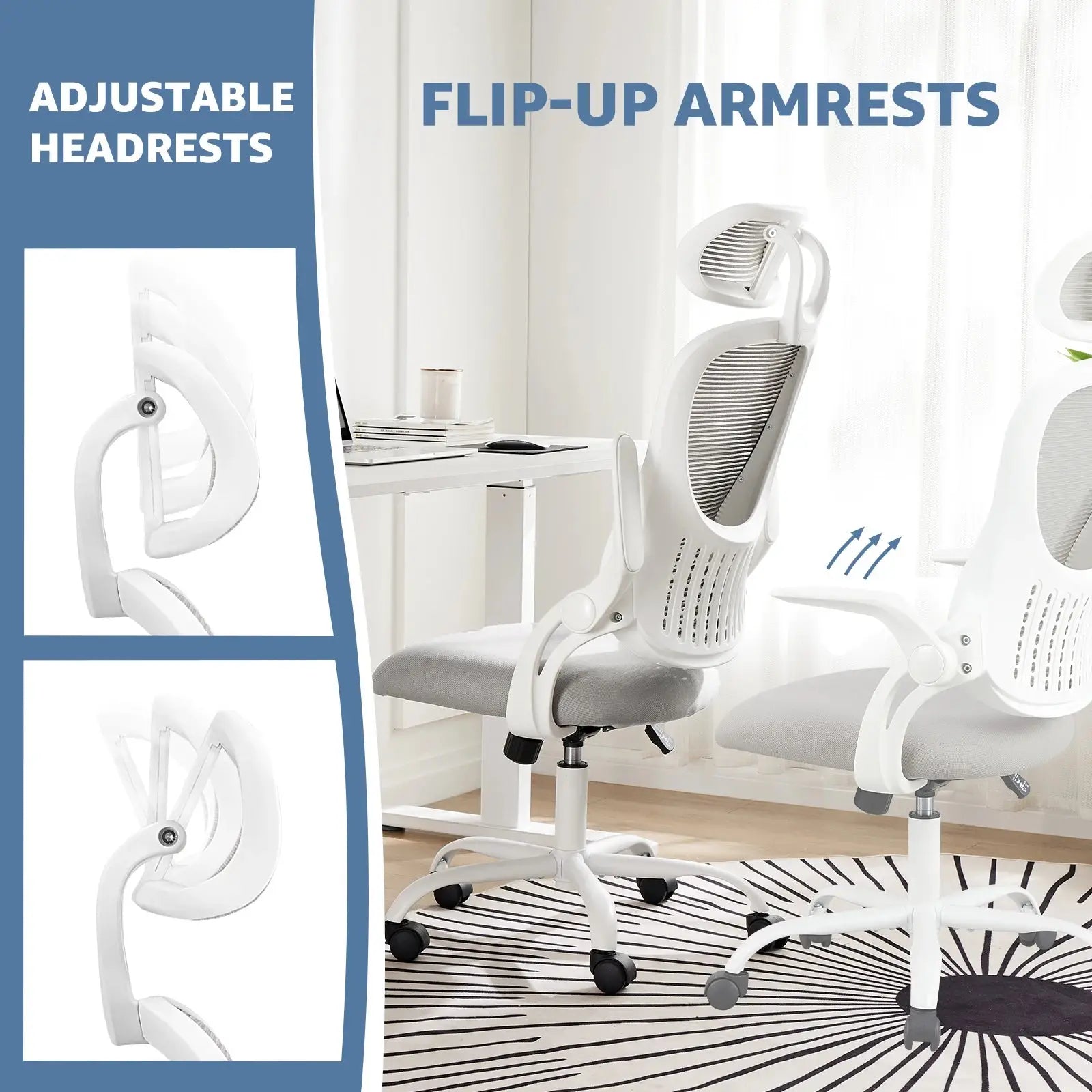 Ergonomic mesh office chair with adjustable headrest, flip-up arms and lumbar support for home or computer desk