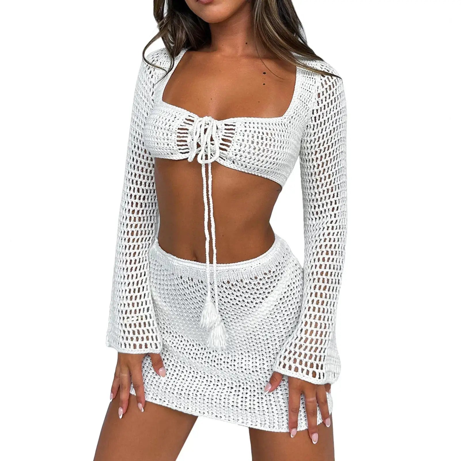 Womens 2-piece beachwear set featuring a white knit tie-front long sleeve cover-up and matching mini sarong skirt, ideal for summer swimwear style.