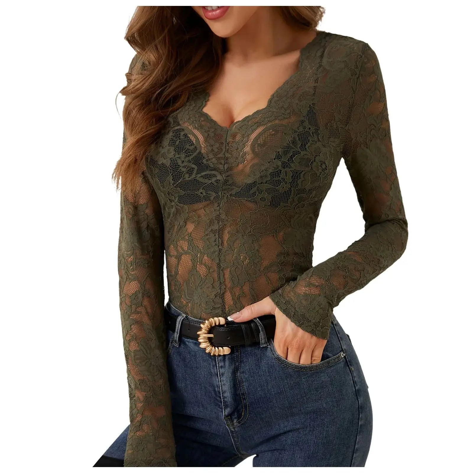 Women’s floral lace blouse, V-neck long sleeve design with sheer elegant style for casual or evening wear