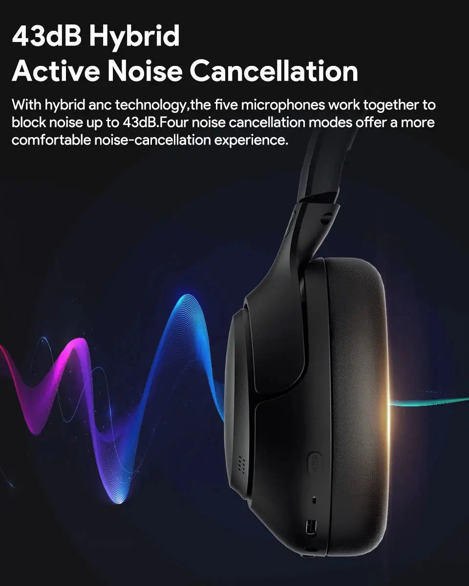 Wireless Over-Ear Headphones Bluetooth 5.4 with 43dB ANC Hi-Res Audio & 60H Playtime