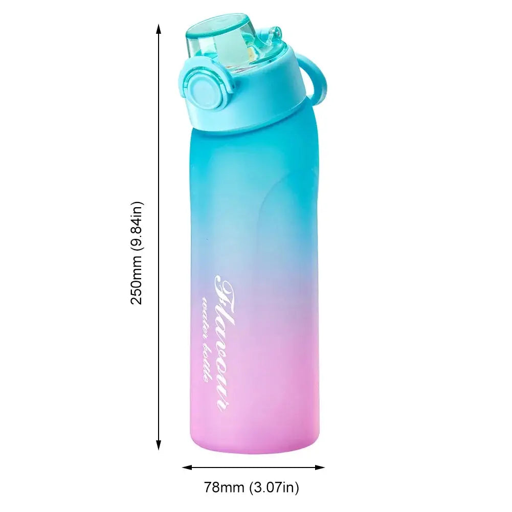 Blue and pink gradient 750ml flavored water bottle with scent pod, shown with dimensions for accurate sizing in kitchen and dining use.