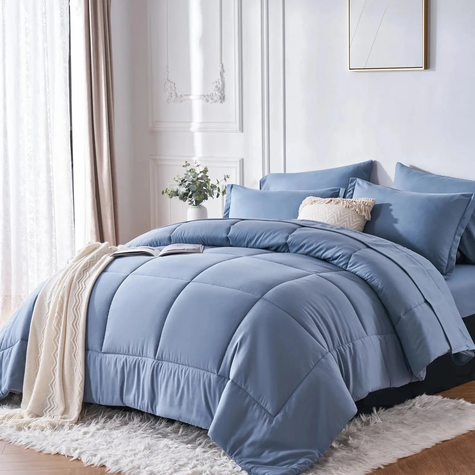 7-piece Queen bed-in-a-bag set with solid geometric comforter, sheets and pillowcases included