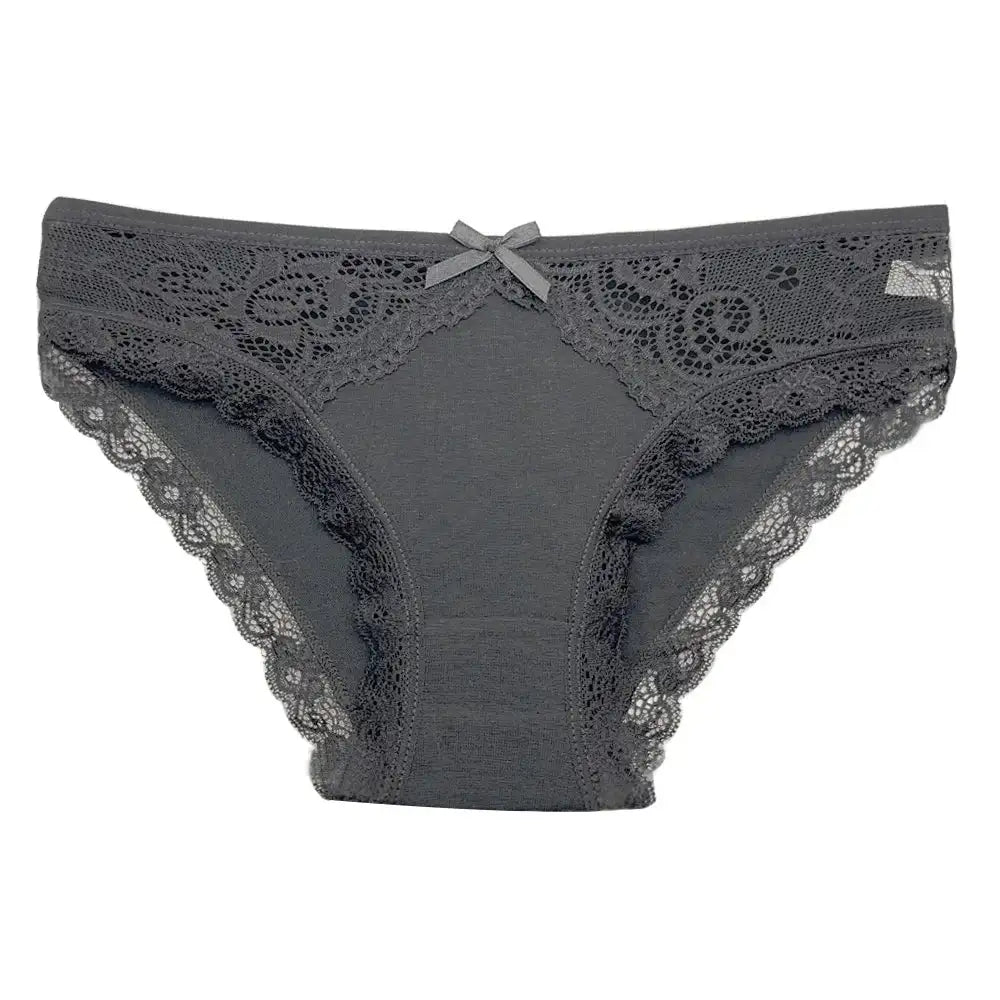 Dark gray lace low-rise cotton panty with bow detail, part of 5-Pack Women's Lace Low-Rise Cotton Panties Soft Briefs for Daily Comfort.