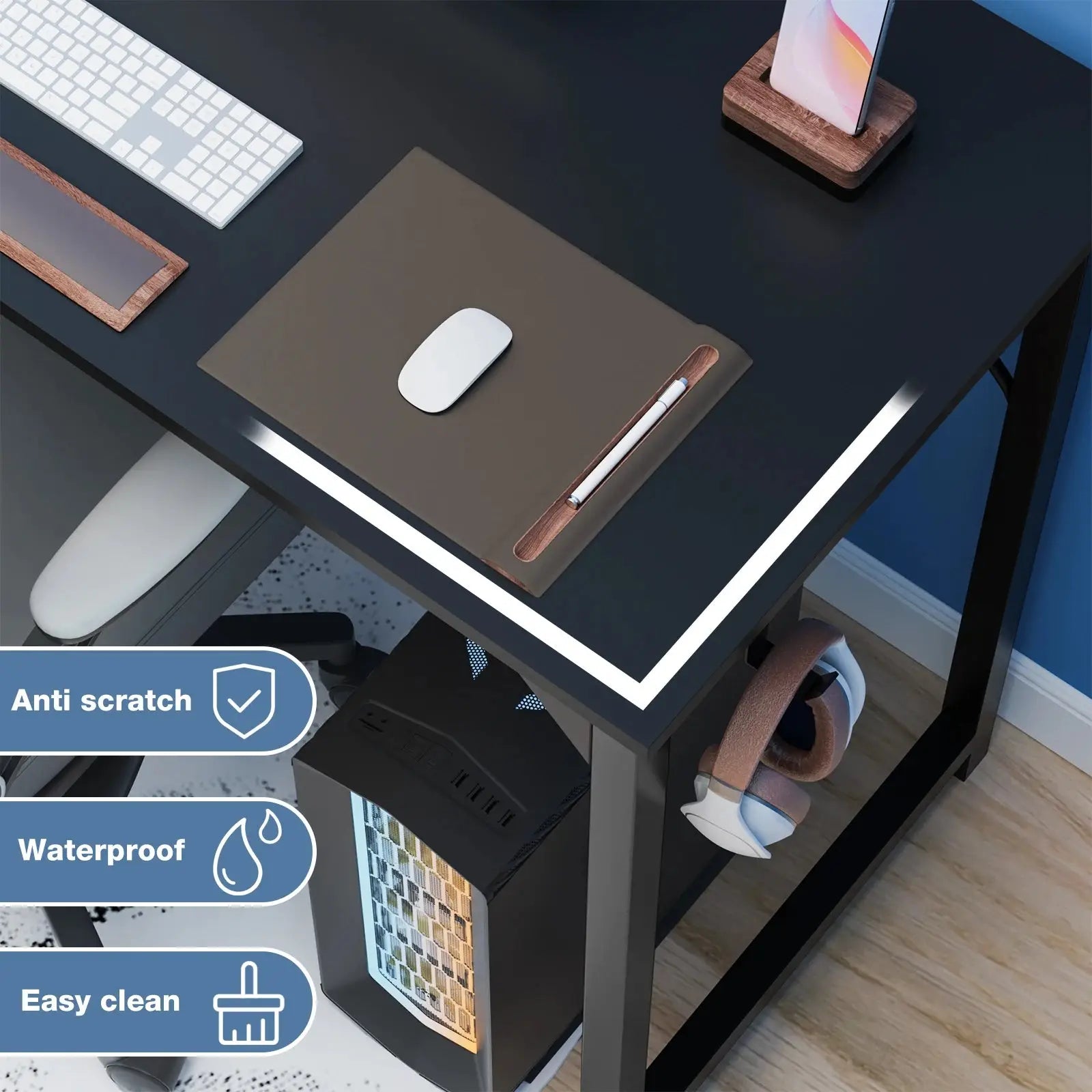 JHK Computer Desk – Modern Compact Office Table with Side Bag & Headphone Hook, Easy to Assemble
