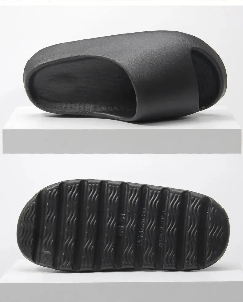 Top and bottom view of black 1 Pair Cloud Cushion Slippers for Men & Women highlighting thick sole and open-toe design for breathability.