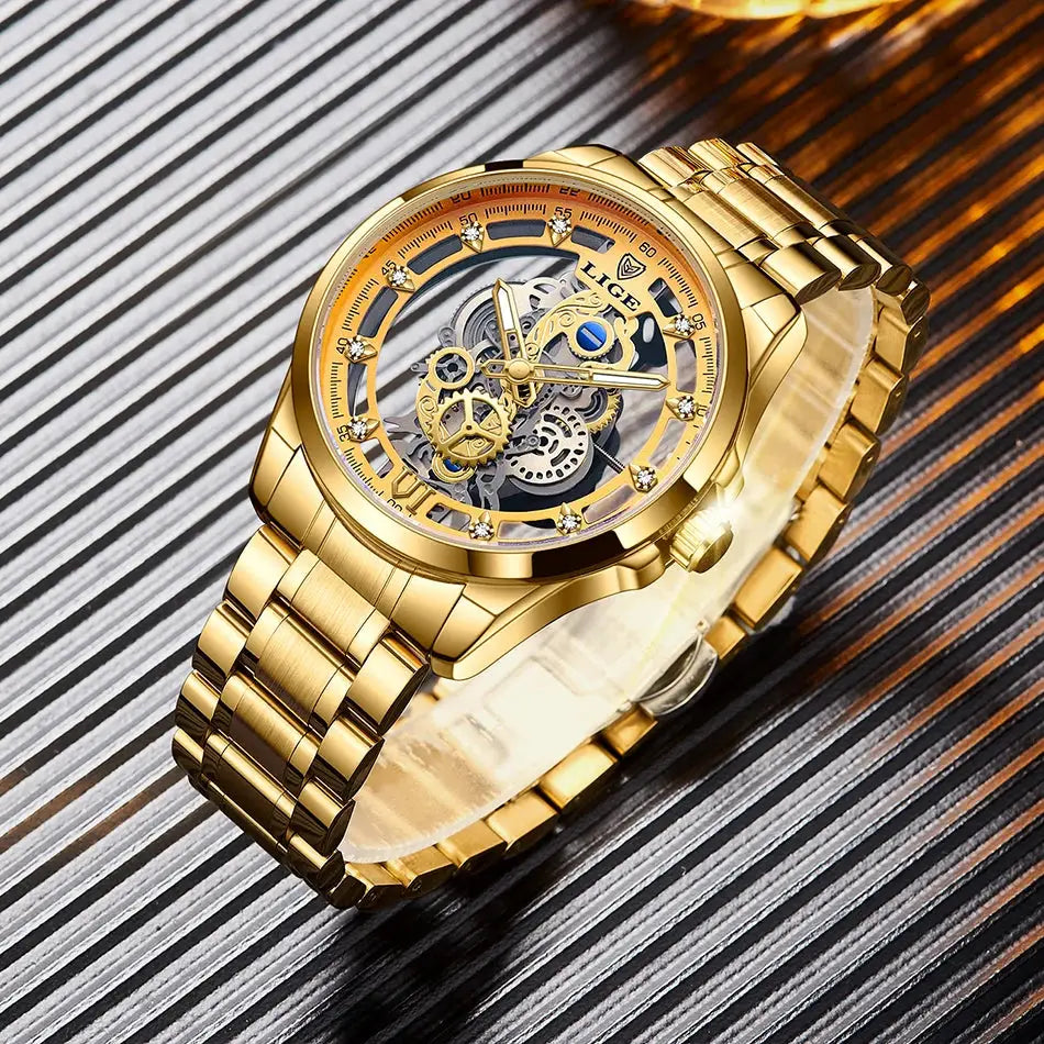 Men’s Skeleton  Watch Luxury Design Quartz Movement Waterproof Gift Box Included