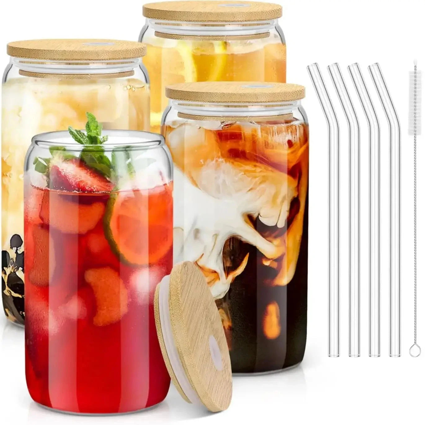 Glass Cups 4 Pack with Bamboo Lids and Reusable Straws