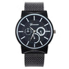 Black mesh band quartz watch with multiple dials