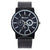 Black mesh band quartz watch with multiple dials