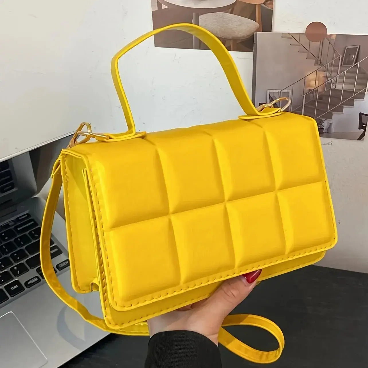 Women’s Mini Quilted Shoulder Bag | Solid Color Faux Leather Square Purse with Adjustable Strap
