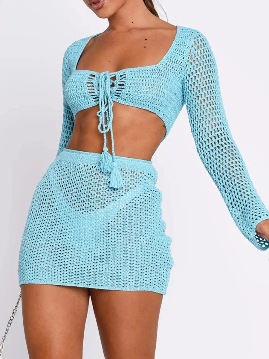 Womens 2-piece beachwear set featuring a knit tie-front long sleeve cover-up and matching mini sarong skirt in light blue, ideal for summer outfits.