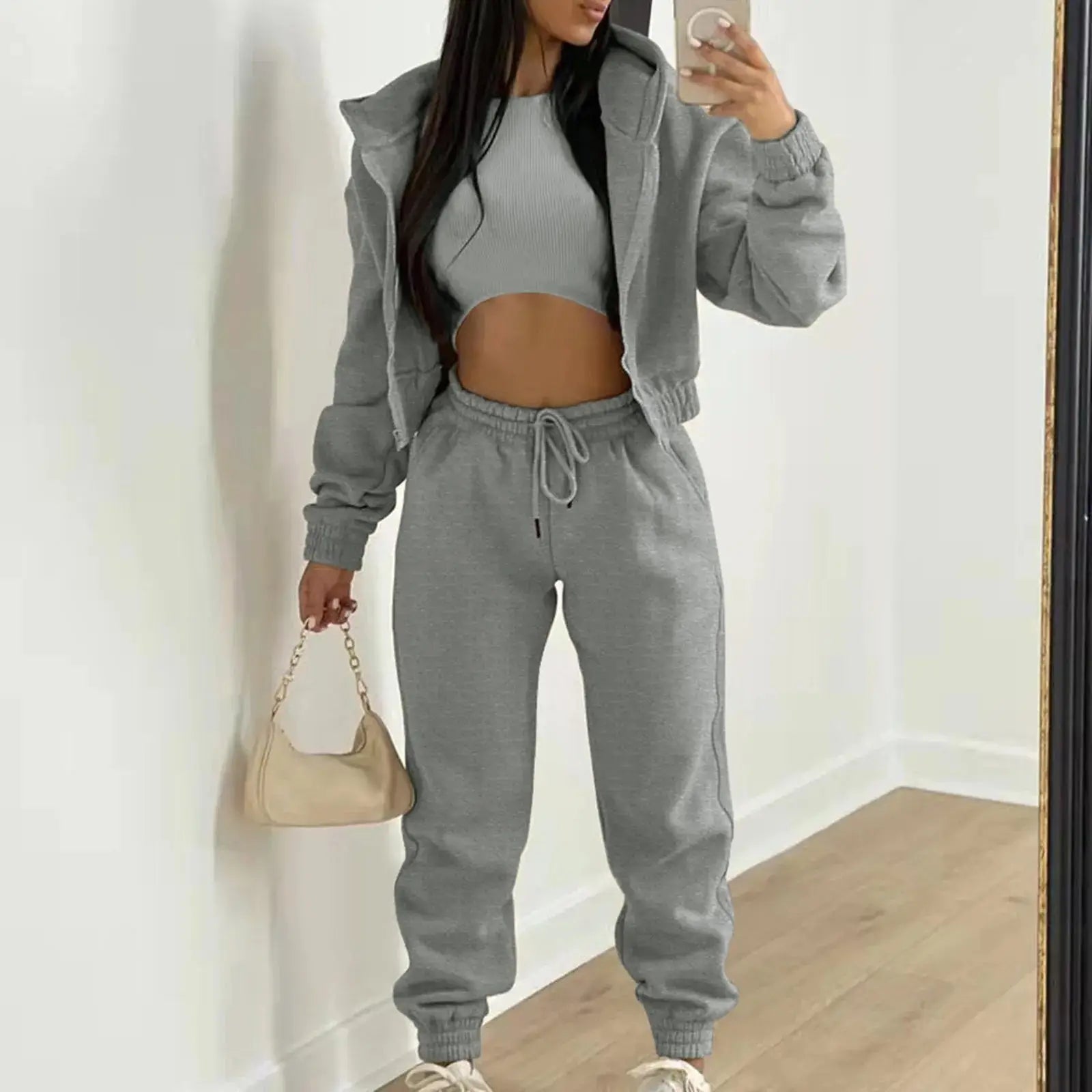 Women's Autumn Winter Casual Tracksuit Set with Vest Top, Zipper Jacket and Loose Pants, Available in Plus Sizes