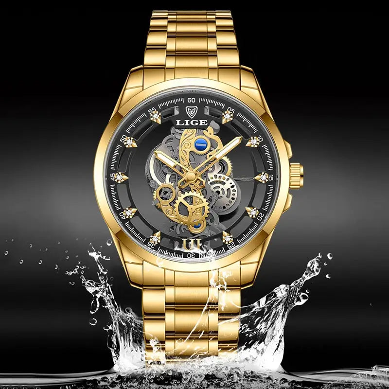 Men’s Skeleton  Watch Luxury Design Quartz Movement Waterproof Gift Box Included