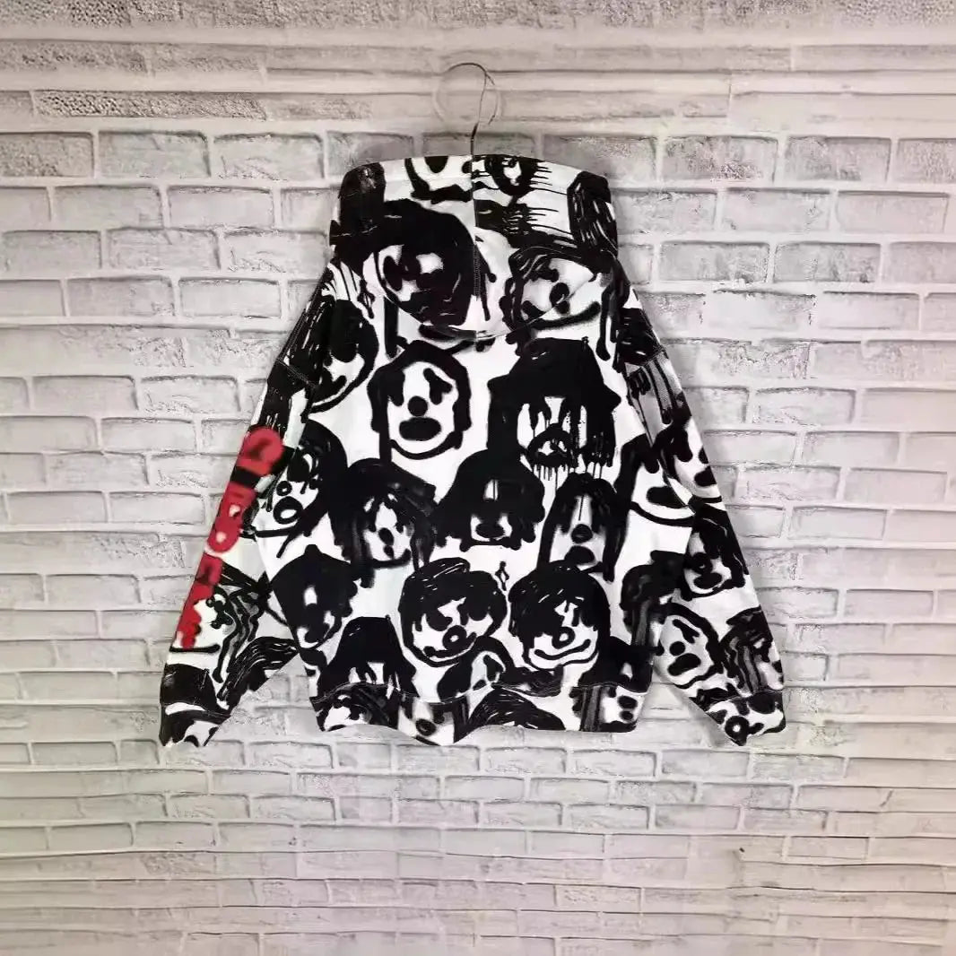 Unisex zip-up hoodie with Y2K digital cartoon print, retro Harajuku streetwear style