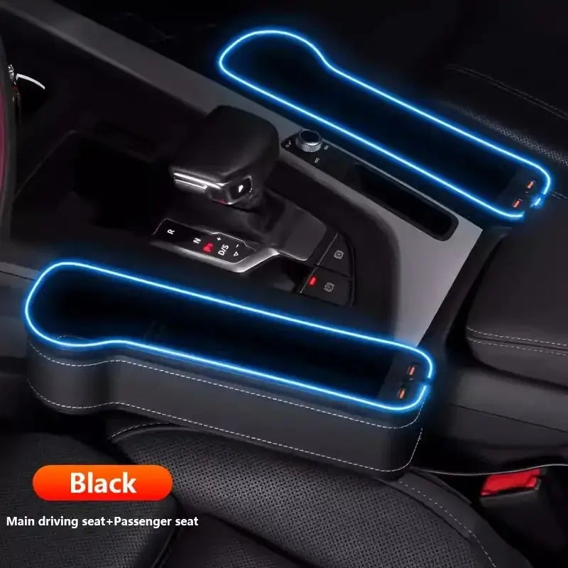 Pair of black universal car seat gap organizers with blue LED lights, fitting both driver and passenger seats for added storage and USB charging.