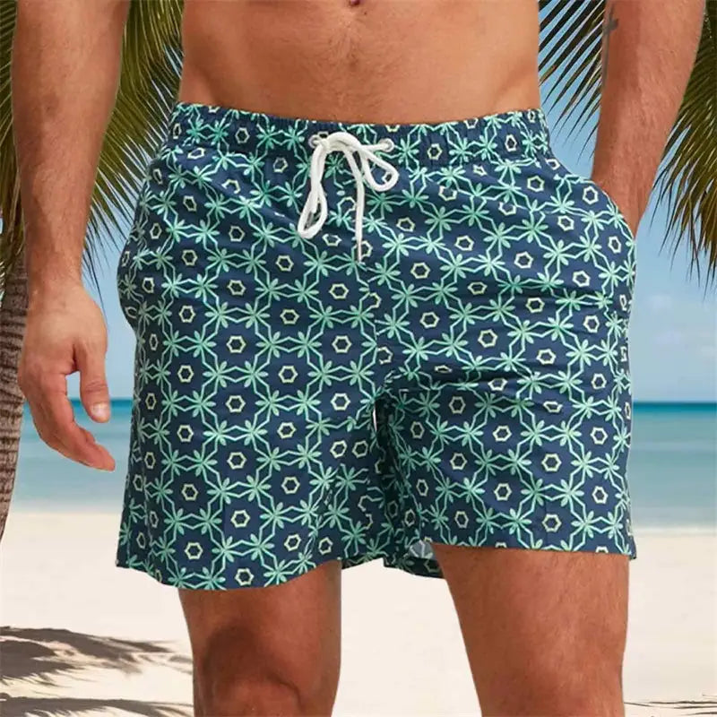 Men’s Quick-Dry Swim Trunks Tropical Palm Print Beach Shorts with Elastic Waist & Drawstring