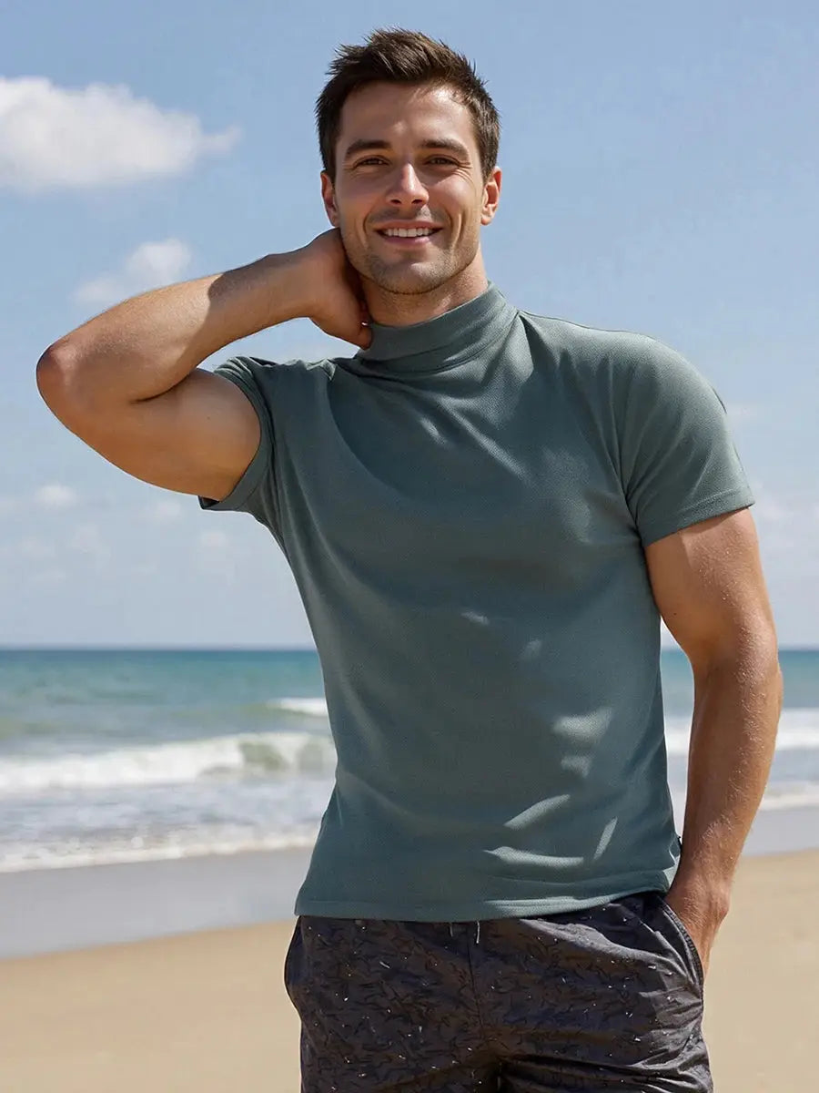 Men’s Casual High-Neck T-Shirt – Solid Color Short Sleeve Basic Tee for Summer Everyday Wear