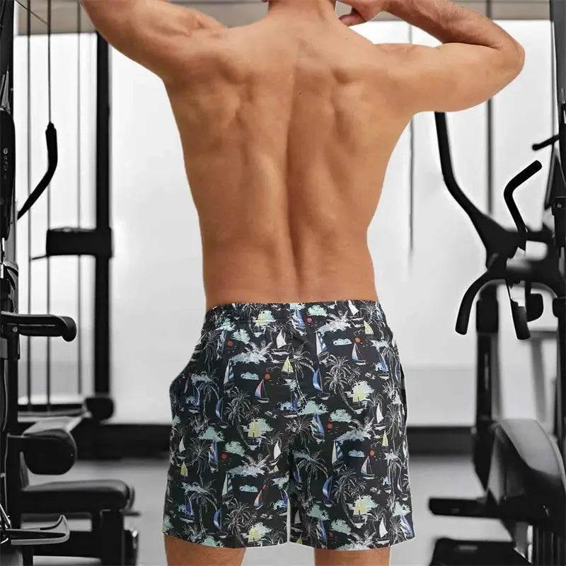 Men’s Quick-Dry Swim Trunks Tropical Palm Print Beach Shorts with Elastic Waist & Drawstring
