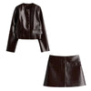 Brown leather jacket and skirt set