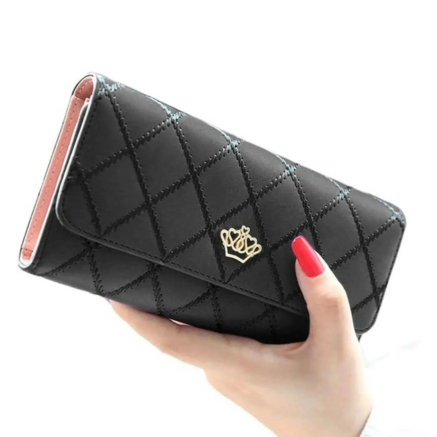 Women’s long PU leather wallet with crown detail, bifold card holder and phone organizer purse for daily use