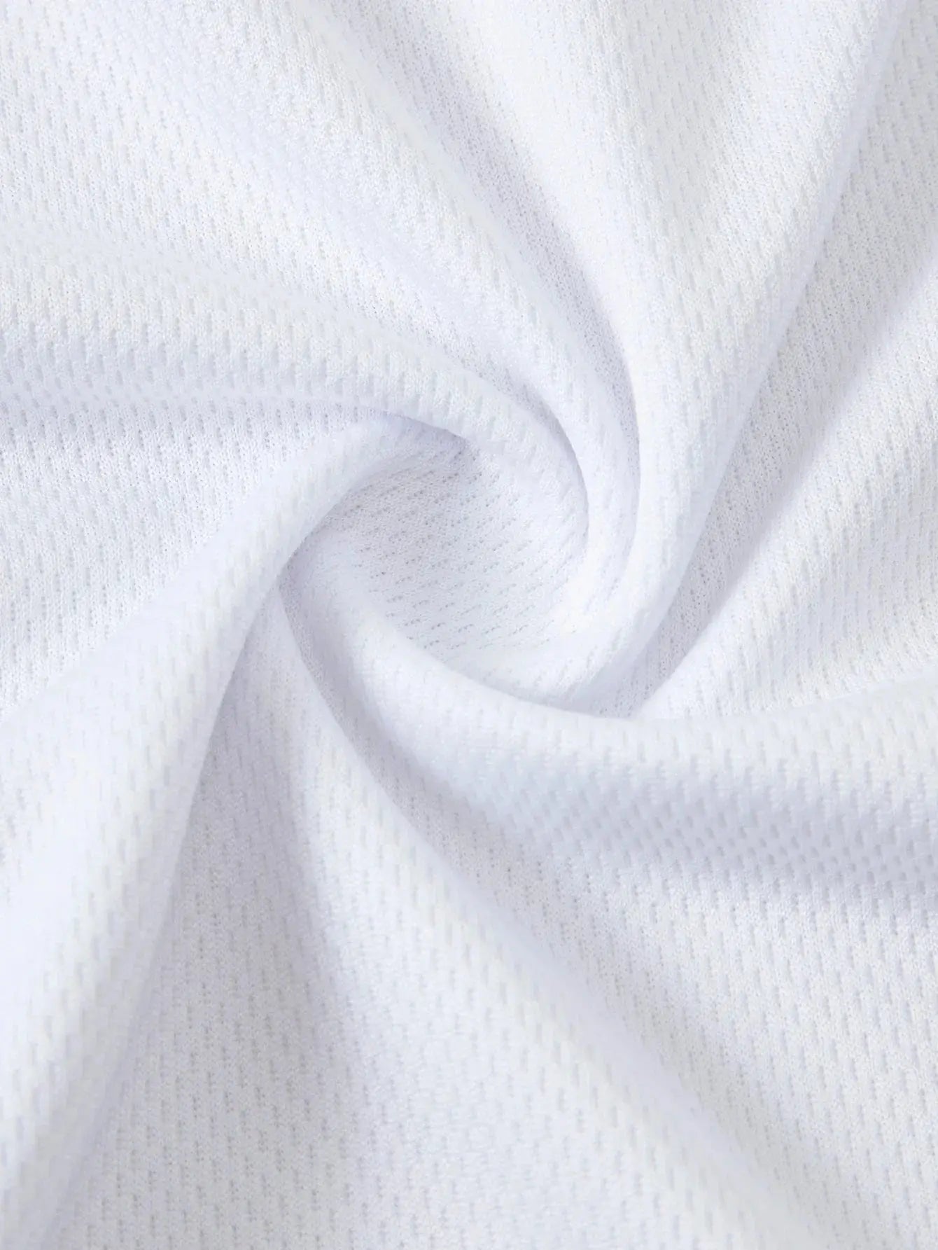 Close-up of breathable white polyester mesh fabric used in Mens 5-Piece Sportswear Set for running and fitness. Ideal for moisture-wicking activewear.