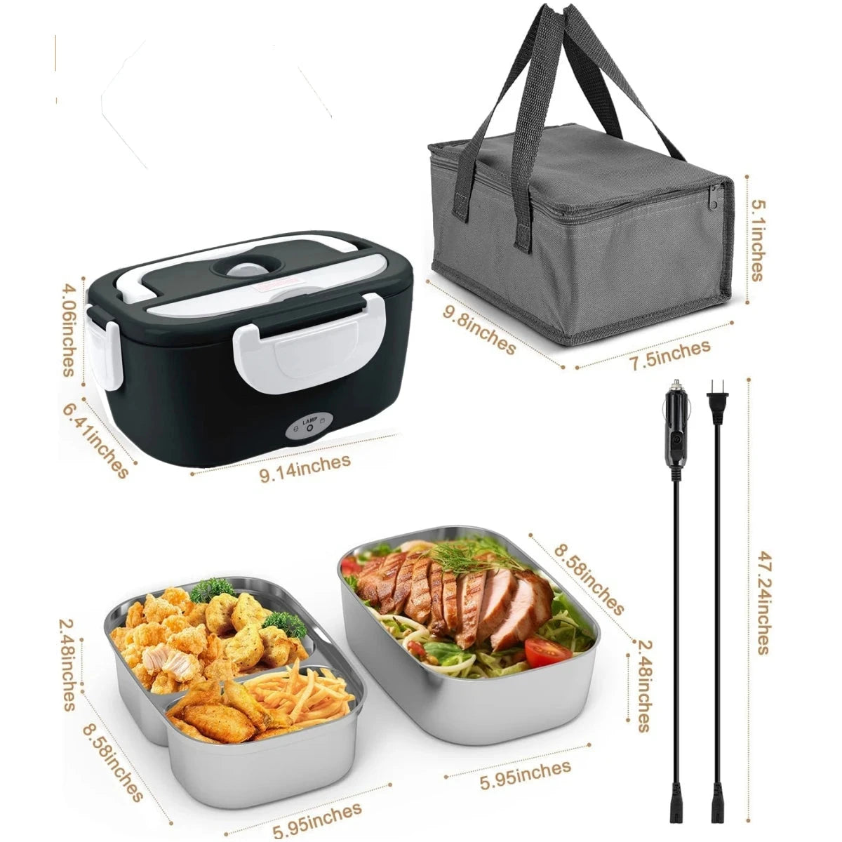 Portable electric lunch box with 1.5L stainless steel container, carry bag, and dual power cables for 12V, 24V, and 110V use.