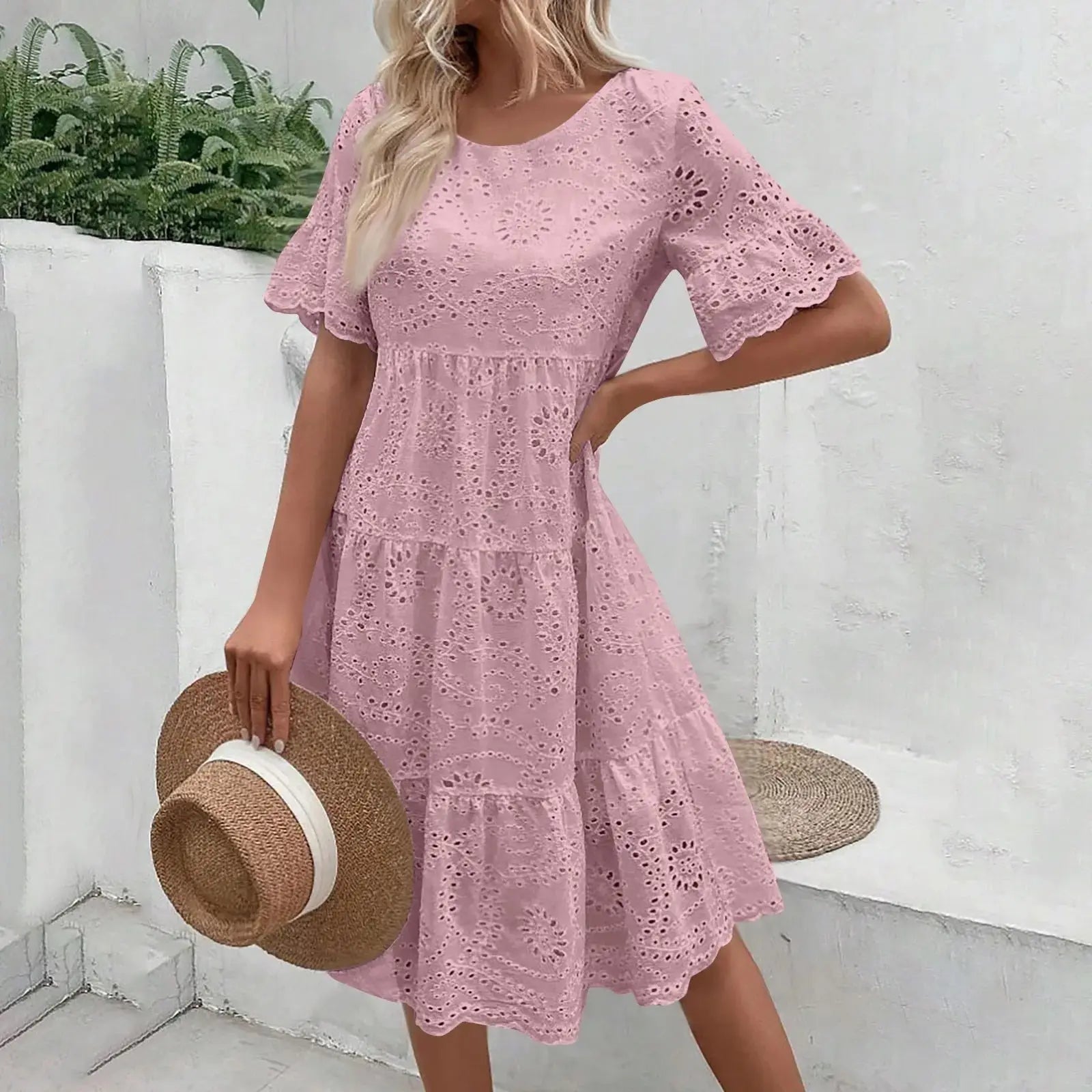 Women’s boho white lace dress, casual short sleeve sundress with pleats and hollow-out details