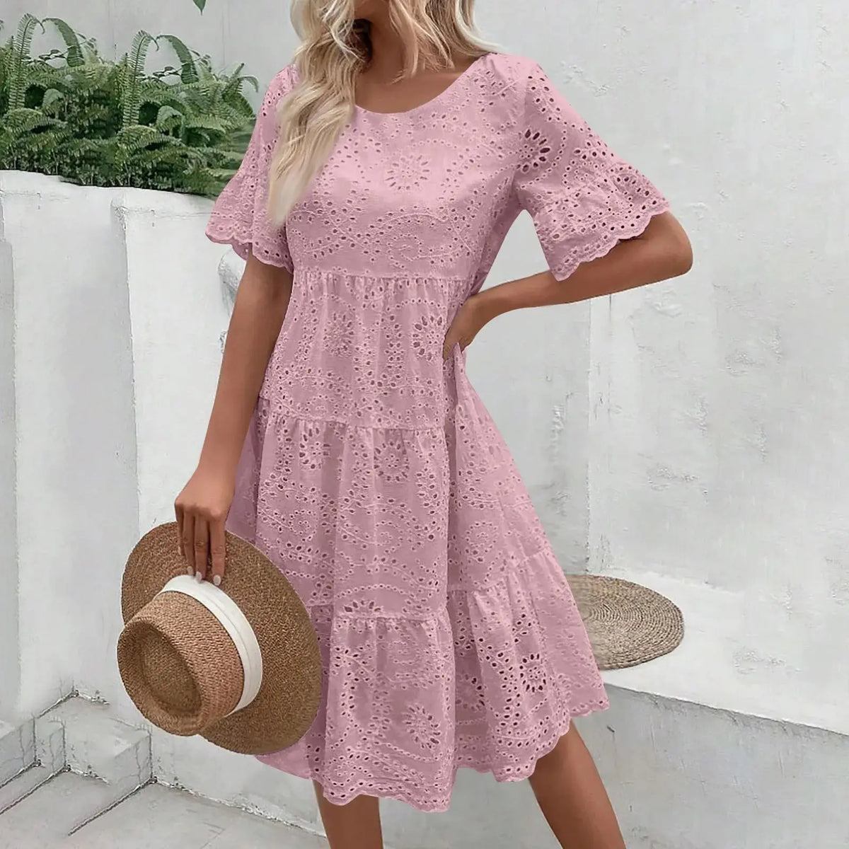 Women’s boho white lace dress, casual short sleeve sundress with pleats and hollow-out details