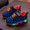 Blue Spiderman LED sneakers for kids with orange accents