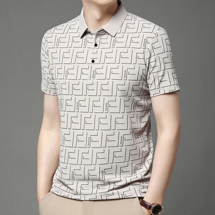 Beige short sleeve silk t-shirt for men modeled by a man.